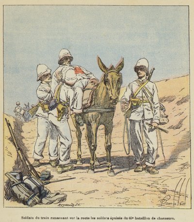 Soldati del treno che raccolgono sulla strada i soldati esausti del 40º battaglione di cacciatori da after Louis Charles Bombled