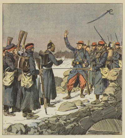 Un ufficiale tedesco restituisce la spada a un caporale francese che la getta al vento da after Louis Charles Bombled