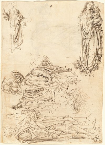 San Cristoforo, San Giovanni Battista, la Vergine e il Bambino, e Cristo che Benedice da after Martin Schongauer Master of the Drapery Studies