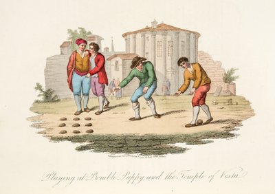 Giocando a Bomble Puppy e il Tempio di Vest, da Italian Scenery, rappresentante i Costumi, le Usanze e i Divertimenti dei diversi Stati d