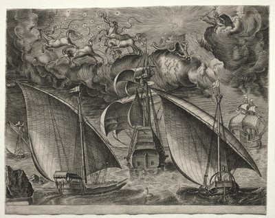 Navi a Vela: Due Galee che Navigano Dietro un Tre Alberi Armato con Fetonte e Giove nel Cielo da after Pieter Bruegel