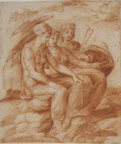 Tre donne, una con un doppio flauto, sedute in un paesaggio da after Pirro Ligorio
