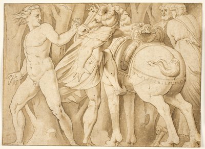 Scena della storia romana? Un uomo che monta un cavallo tenuto da un uomo nudo da after Polidoro da Caravaggio