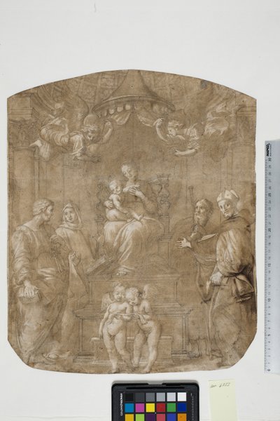 Madonna col Bambino con i Santi Pietro, Bernardo (o Bruno), Giacomo, Agostino e quattro angeli, Madonna del Baldacchino da after Raphael