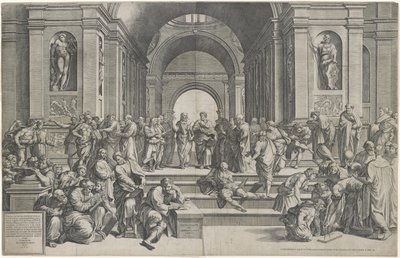 La scuola di Atene. Pub. 1550 da after Raphael