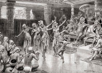 Impressione di un artista del XIX secolo di Gautamiputra Satakarani che celebra la sua vittoria su Nahapana, da Hutchinsons History of the Nations, pub.1915 da after Robert Dudley