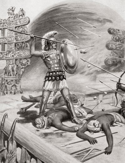 Alessandro Magno combatte gli Assacani nella città fortificata di Massaga, India durante la sua Campagna Indiana nel 326 a.C., da Hutchinsons History of the Nations, pub.1915 da after Robert Dudley