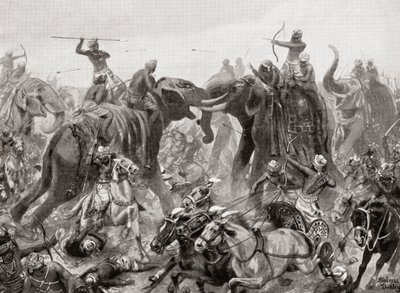 La sconfitta di Pulakeshin Chalukhya da parte di Narasimhavarman I a Badami nel 642 d.C., da Hutchinsons History of the Nations, pub.1915 da after Robert Dudley