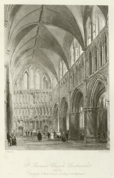Chiesa di St Saviour, Southwark, 1850, anticamente St Mary Overyes, vista verso sud-est da after Thomas Allom