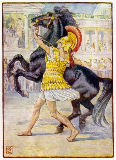Corse verso il cavallo e afferrò le briglie da after Walter Crane
