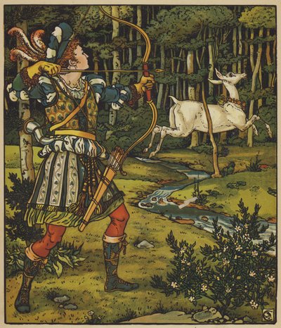 Il principe Guerrier insegue la cerva nel bosco da after Walter Crane