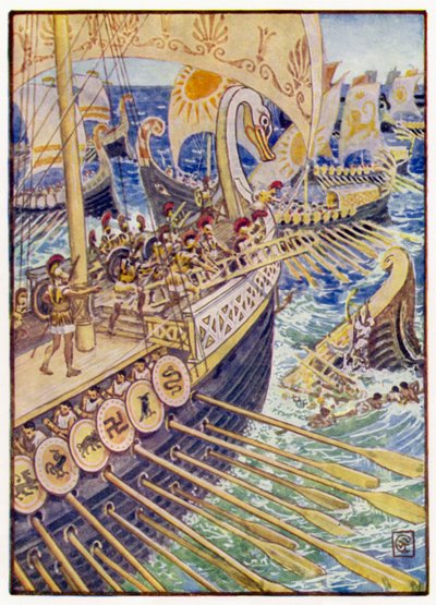 Nave contro nave, finché i morti persiani non coprirono il mare come fiori da after Walter Crane