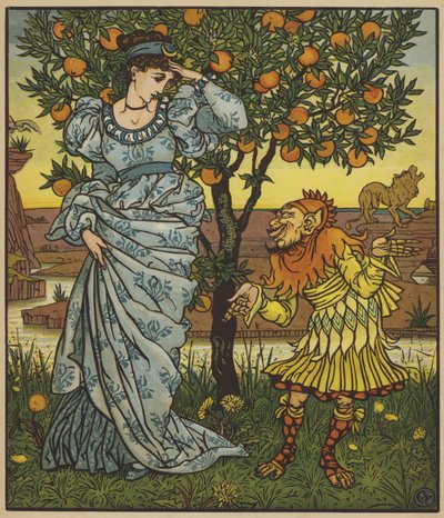 Il nano giallo salva la principessa dai leoni da after Walter Crane