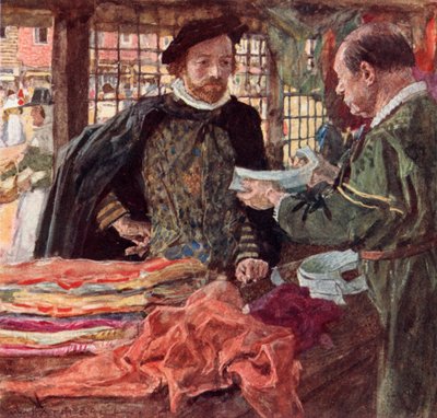 Shakespeare in un negozio di merceria per comprarsi uno dei nuovi colletti cadenti che stanno sostituendo i ruche da after William Hatherell