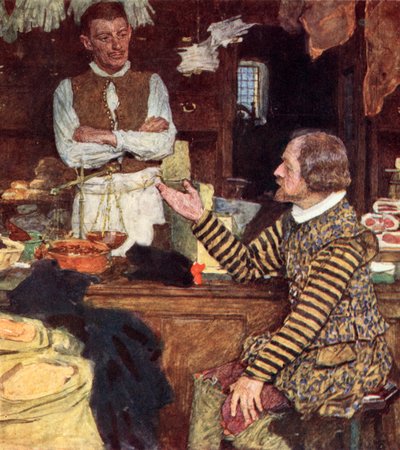 Shakespeare visita un negozio di drogheria a Bucklersbury per chiacchierare con John Sadler, un apprendista di Stratford da after William Hatherell