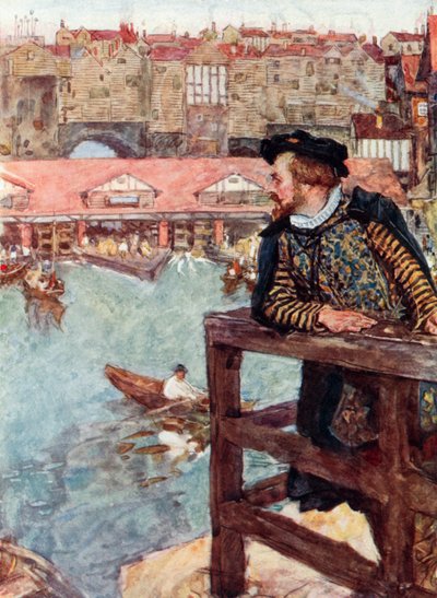 Shakespeare guarda i mulini ad acqua sotto il London Bridge da after William Hatherell
