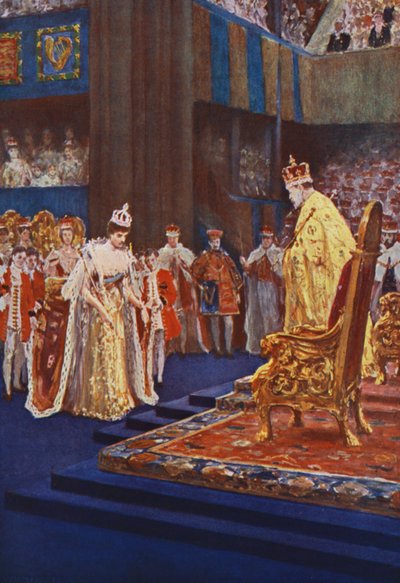 La regina Alessandra si inchina a re Edoardo VII sulla strada verso il suo trono da after William Henry Margetson