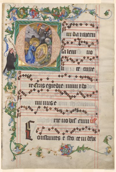Bifolio da un antifonario: Iniziale istoriata O con la Natività da after a work attributed to Zhou Wenju