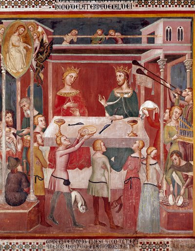 Come il Demonio chiese a Dio di mettere alla prova Giobbe nel momento della sua prosperità. Affresco di Bartolo di Fredi (o Manfredi De Battilori) (1330-1410) Collegiata di San Gimignano, Italia da also Manfredi de Battilori Bartolo di Fredi