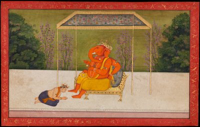 "Indra adora il dio dalla testa di elefante Ganesha, seduto su un trono". Folio della serie Tehri Garhwal della Gita Govinda da anonymous 