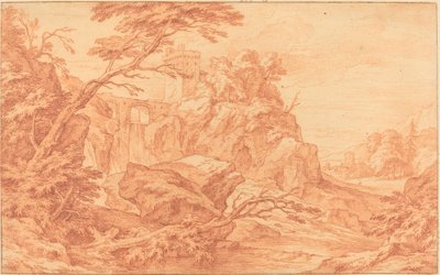 Paesaggio roccioso con torre di pietra e cascata da attributed to Adriaen Frans Boudewyns