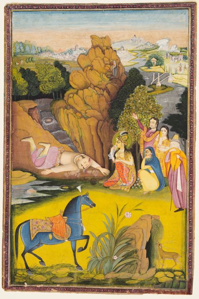 Farhad si uccide dopo aver sentito la falsa notizia della morte di Shirin da attributed to Amar Das Bhatti
