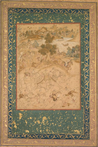 Akbar che supervisiona la cattura di elefanti selvatici a Malwa nel 1564, dipinto 90 da un Akbar-nama (Libro di Akbar) di Abu