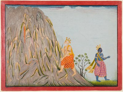 Il re Muchukunda entra nel regno del monte Gandhamadana per ottenere la salvezza, dal "Quinto Basohli Bhagavata Purana" da attributed to Fattu