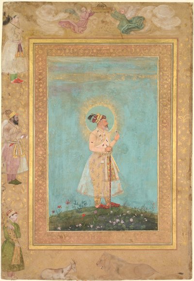 Shah Jahan che tiene uno spinello e una lunga spada Deccan, dall