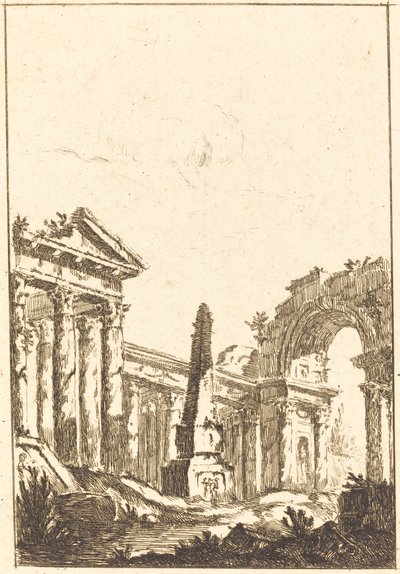Capriccio con rovine e un obelisco da attributed to Jérôme Charles Bellicard