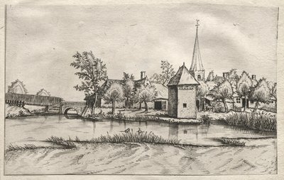 Vedute di villaggi nel Brabante e nella Campine: Un villaggio con fossato da attributed to Master of the Small Landscapes