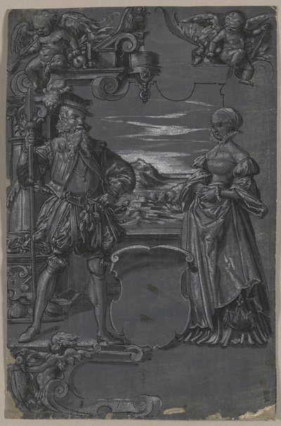 Progetto per Vetrata: Uomo e Donna in Ambientazione Architettonica da attributed to Tobias Stimmer