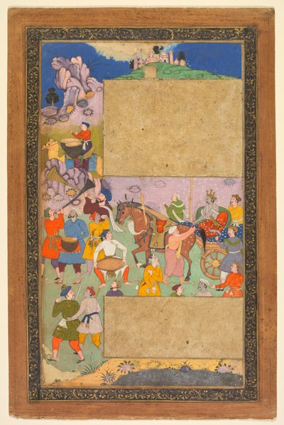 Un auriga che attraversa un paesaggio roccioso con un seguito di fanti e musicisti, pagina da un Razm-nama (Libro delle Guerre) adattato dal Mahabharata sanscrito e tradotto in persiano da Mir Ghiyath al-Din Ali Qazvini, noto come Naqib Khan da attributed to Yusuf Ali