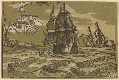 Due Navi a Tre Alberi al Largo di una Costa da attributed to workshop of Willem Jansz. Blaeu