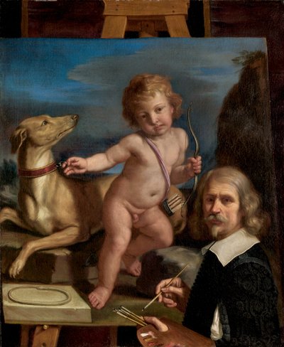 Autoritratto davanti a un dipinto di "Amor Fedele" da called Guercino Giovanni Francesco Barbieri