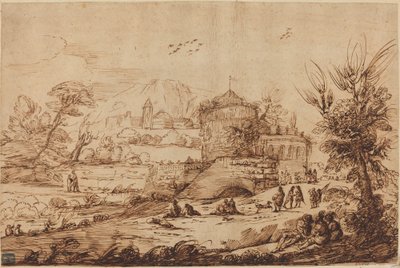 Paesaggio con fortezza e fiume da called Guercino after Giovanni Francesco Barbieri