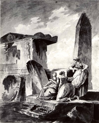 Tre giovani ragazze tra le rovine da copy after Hubert Robert.