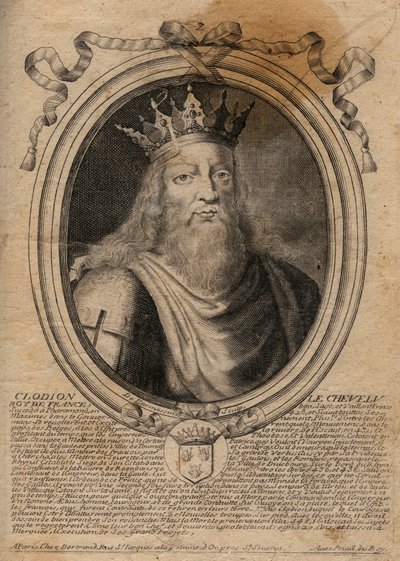 Clodione detto "Le Chevelu" (428-448), antenato dei Merovingi, capo dei Franchi Salii - Clodione Il Capelluto (c.428-47) Re di una Tribù dei Franchi Salii - incisione da 