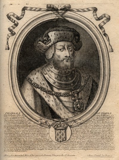 Ritratto di Carlo III detto il Semplice (879-929) re dei Franchi - CARLO III (879-929) - Carlo il Semplice - Re di Francia, 893-923 - incisione da 