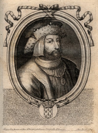 Ritratto di Clotario II (584 - 628), Re di Neustria e Re dei Franchi - incisione da 