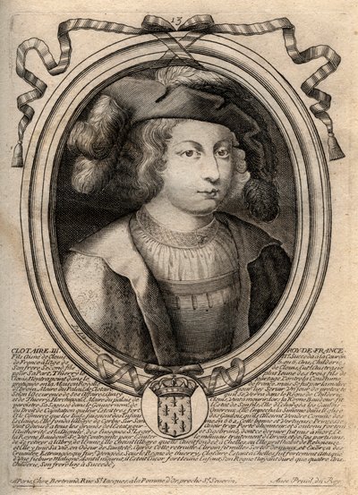 Ritratto di Clotario III (652-673), Re di Neustria e Borgogna - Clotario III, Re dei Franchi della casa dei Merovingi - incisione da 
