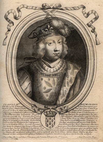 Ritratto di Clodoveo III, re dei Franchi dal 691 al 695 - CLOVIS III re merovingio di Neustria e Austrasia - incisione da 