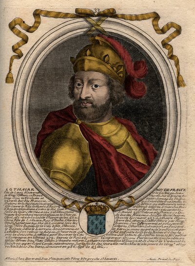 Ritratto di Lotario (941-986), Re dei Franchi - Incisione da "Les Augustes Representations de tous les Rois de France da Pharamond a Luigi XIV", Parigi da de Larmessin