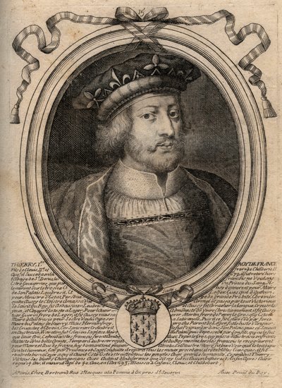 Ritratto di Thierry III (ca. 657-691), re dei Franchi di Neustria (673-675) e re di tutti i Franchi (679-691) - incisione da 