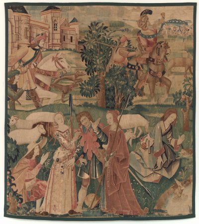 Scene di caccia e pastorali, con un uomo che ride tra le donne da design probably French 16th Century, Paris; woven in southern Netherlands or Paris in an undetermine workshop
