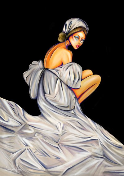 Donna pensierosa in bianco da dragonfly
