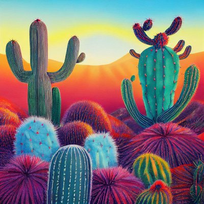 Un dipinto vibrante: Tramonto sugli altipiani di cactus, arte da parete da F. Abderrahim