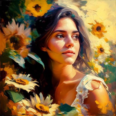 Una bella ragazza nella natura, circondata da girasoli, Pittura artistica Arte da parete | Stampe su tela da F. Abderrahim