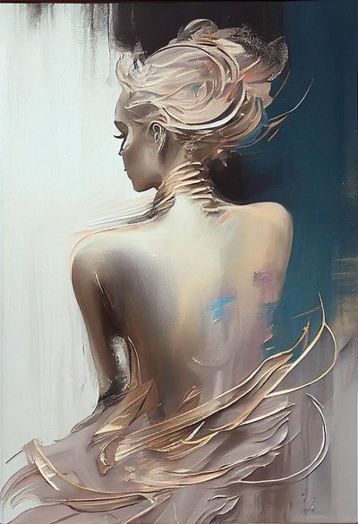 Una donna vestita seduta vista da dietro, Pittura silhouette da F. Abderrahim