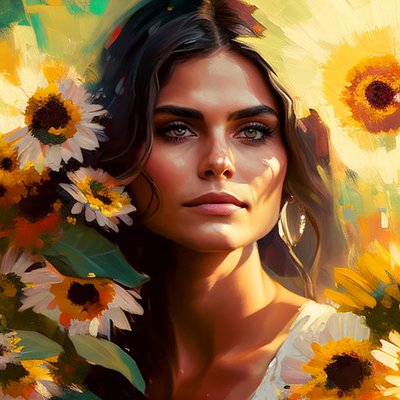Ritratto di una bella donna messicana e girasoli, astratto da F. Abderrahim